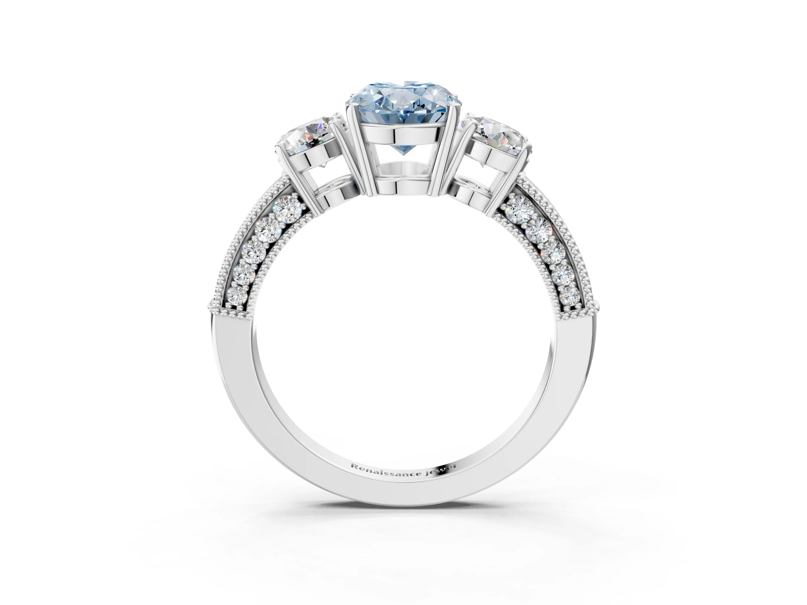 White gold Fancy Blue Oval Cut Three-Stone Diamond Ring with Pavé Band and Four-Prong Setting_15