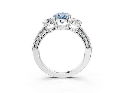 White gold Fancy Blue Oval Cut Three-Stone Diamond Ring with Pavé Band and Four-Prong Setting_15