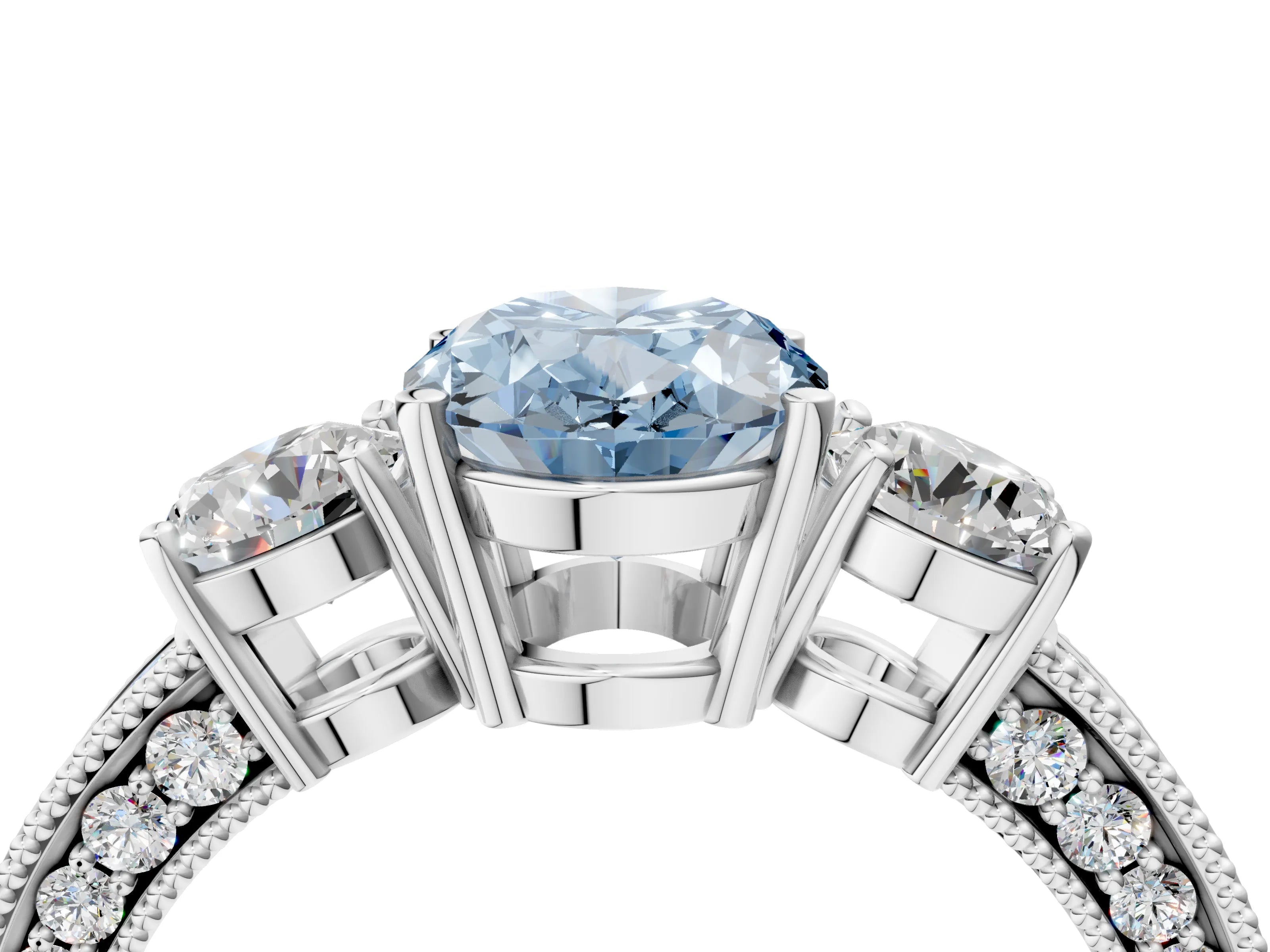 White gold Fancy Blue Oval Cut Three-Stone Diamond Ring with Pavé Band and Four-Prong Setting_16