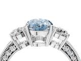 White gold Fancy Blue Oval Cut Three-Stone Diamond Ring with Pavé Band and Four-Prong Setting_16