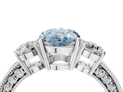 White gold Fancy Blue Oval Cut Three-Stone Diamond Ring with Pavé Band and Four-Prong Setting_16