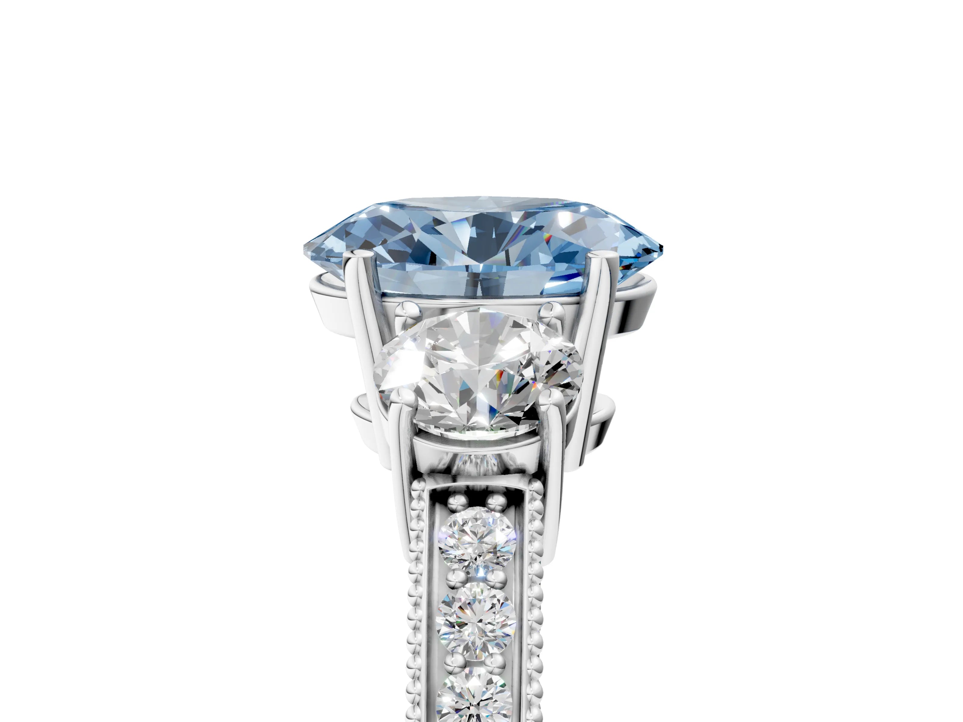 White gold Fancy Blue Oval Cut Three-Stone Diamond Ring with Pavé Band and Four-Prong Setting_17