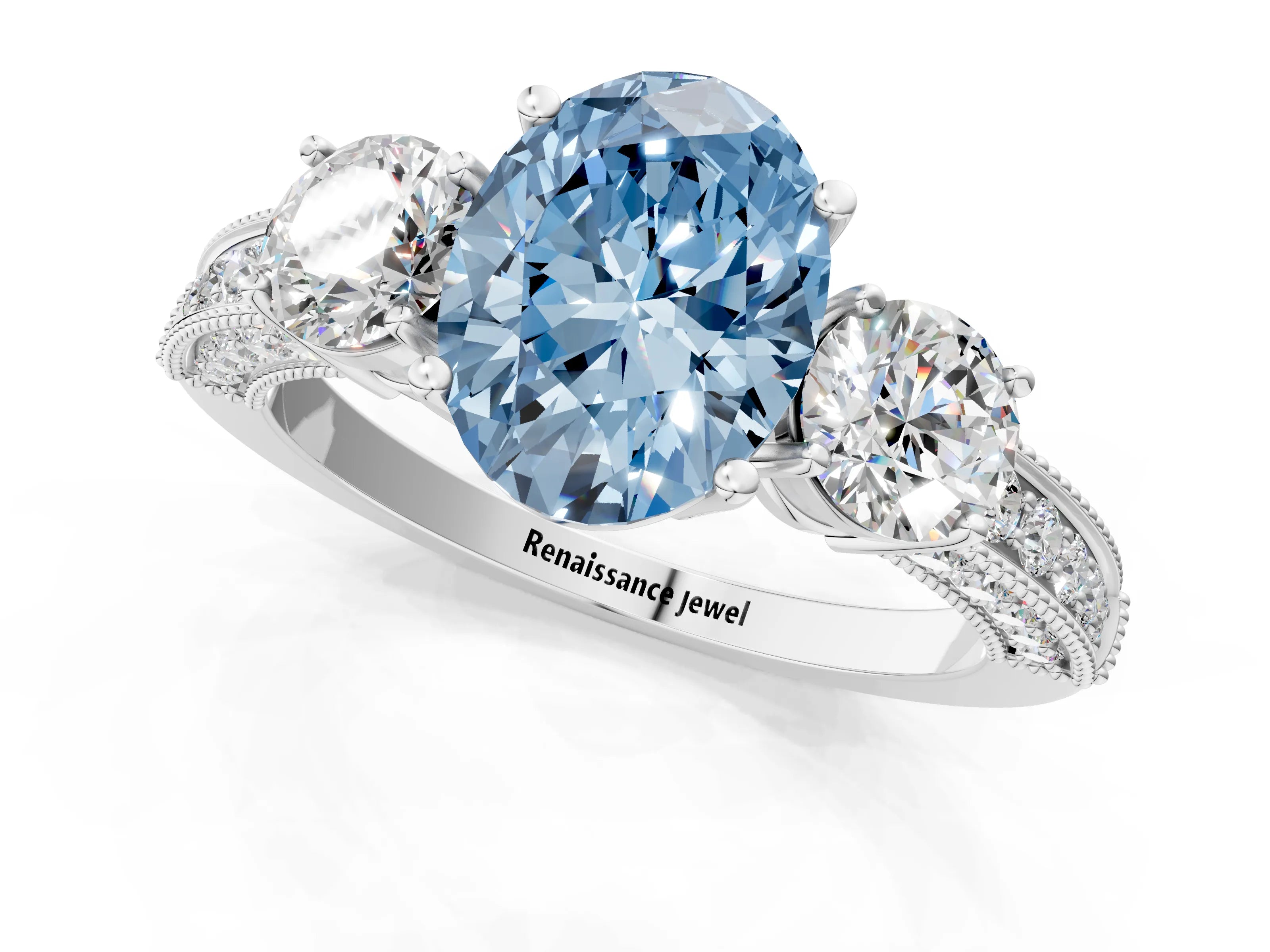 White gold Fancy Blue Oval Cut Three-Stone Diamond Ring with Pavé Band and Four-Prong Setting_1