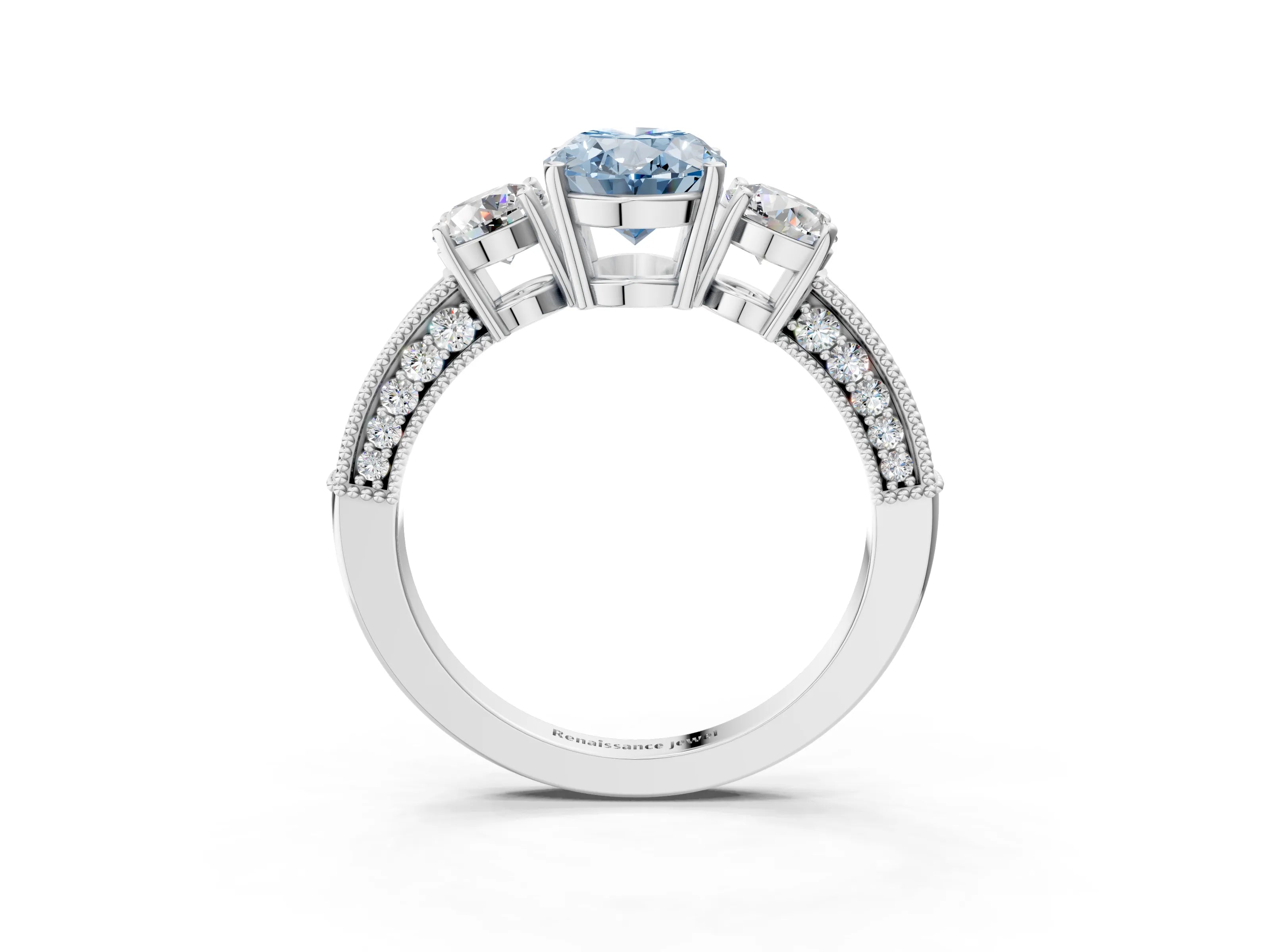 White gold Fancy Blue Oval Cut Three-Stone Diamond Ring with Pavé Band and Four-Prong Setting_3
