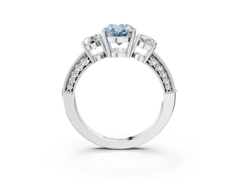 White gold Fancy Blue Oval Cut Three-Stone Diamond Ring with Pavé Band and Four-Prong Setting_3