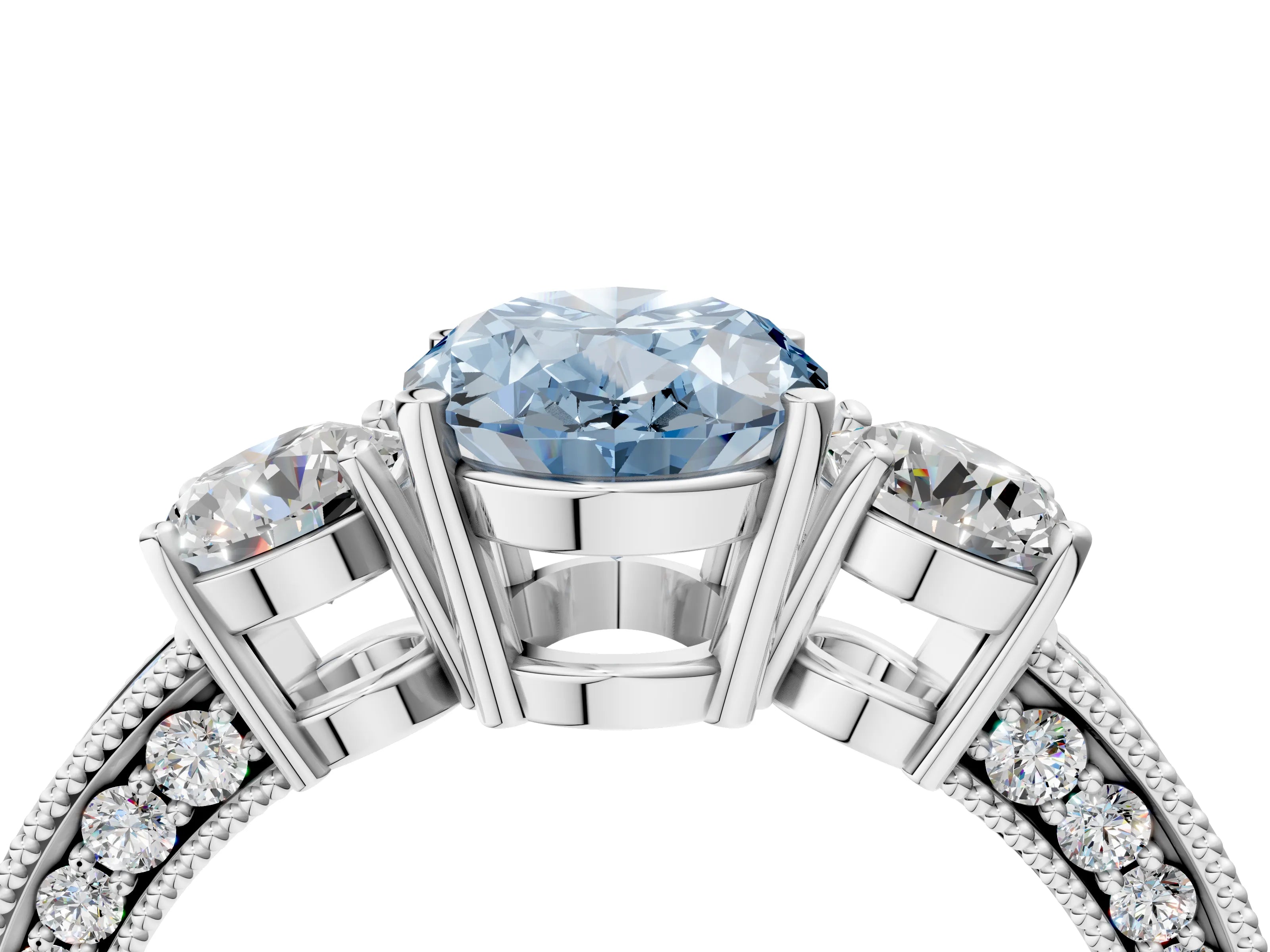 White gold Fancy Blue Oval Cut Three-Stone Diamond Ring with Pavé Band and Four-Prong Setting_4