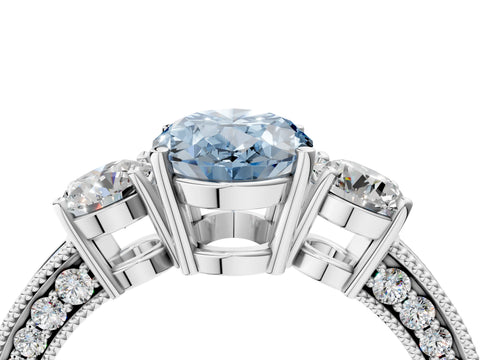 White gold Fancy Blue Oval Cut Three-Stone Diamond Ring with Pavé Band and Four-Prong Setting_4