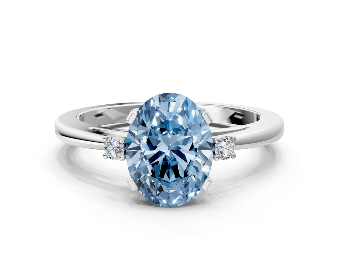 White gold Fancy Blue Oval  Cut Three-Stone Solitaire Ring with Round Accent Diamonds and Four-Prong Setting_20