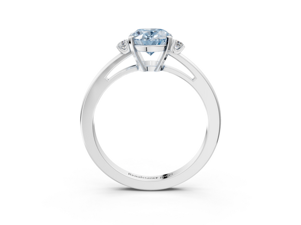 White gold Fancy Blue Oval  Cut Three-Stone Solitaire Ring with Round Accent Diamonds and Four-Prong Setting