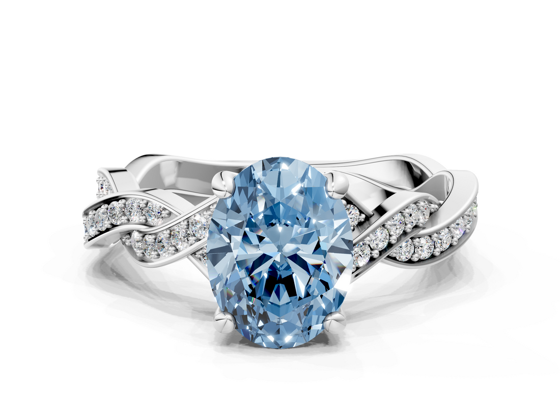 White gold Fancy Blue Oval  Cut Twisted Pavé Band Solitaire Ring with Four-Prong Setting_54