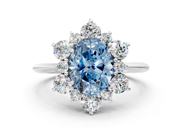 Platinum Fancy Blue Oval  Diamond Cluster Halo Ring with Solitaire Band and Four-Prong Setting