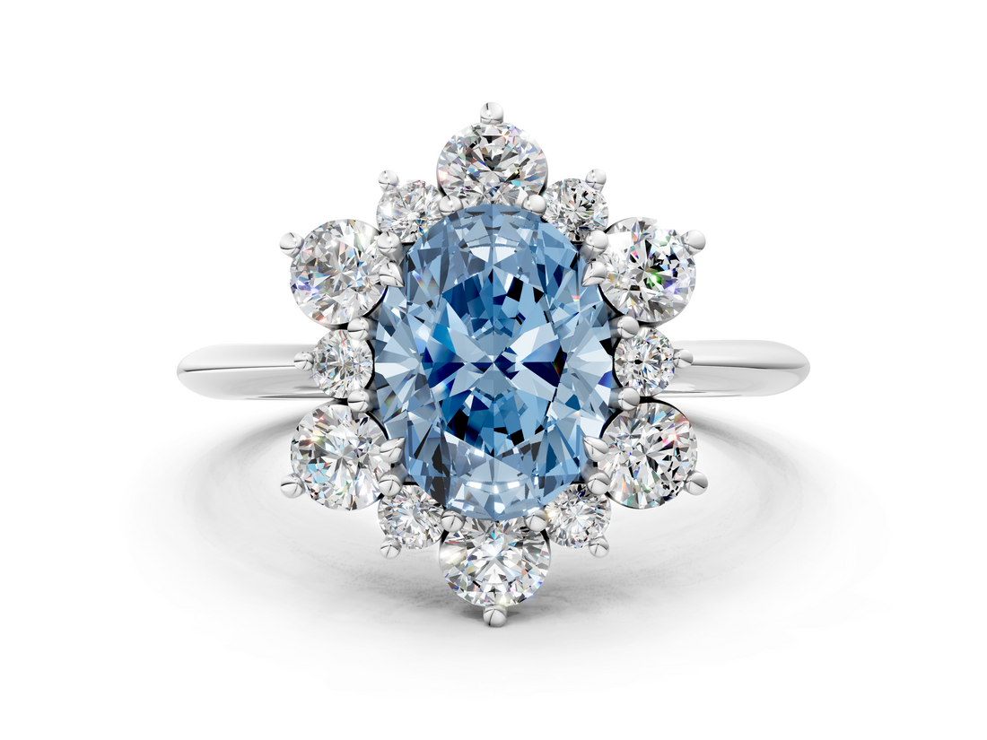 White gold Fancy Blue Oval  Diamond Cluster Halo Ring with Solitaire Band and Four-Prong Setting_20