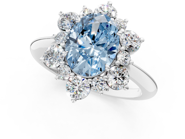 Platinum Fancy Blue Oval  Diamond Cluster Halo Ring with Solitaire Band and Four-Prong Setting