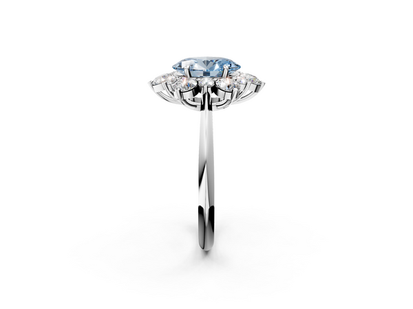 Platinum Fancy Blue Oval  Diamond Cluster Halo Ring with Solitaire Band and Four-Prong Setting
