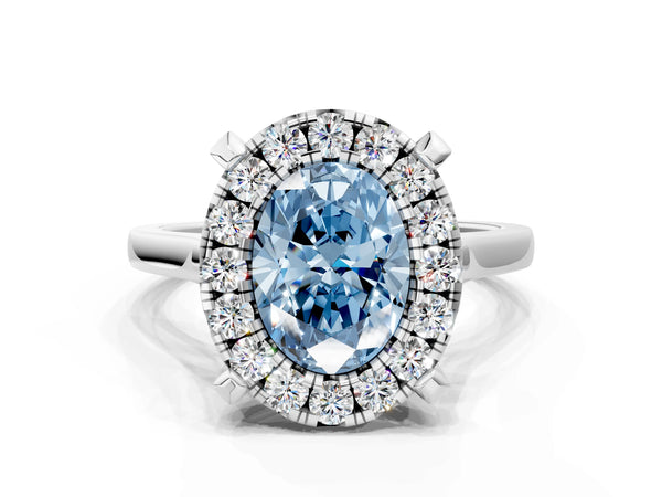 Platinum Fancy Blue Oval  Diamond Cluster Halo Solitaire with Four-Prong Setting