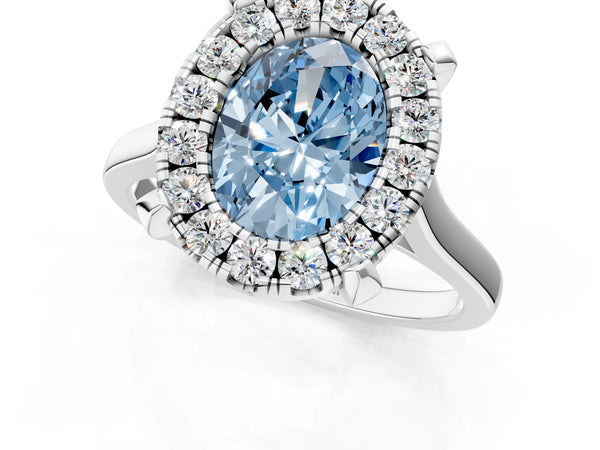 Platinum Fancy Blue Oval  Diamond Cluster Halo Solitaire with Four-Prong Setting