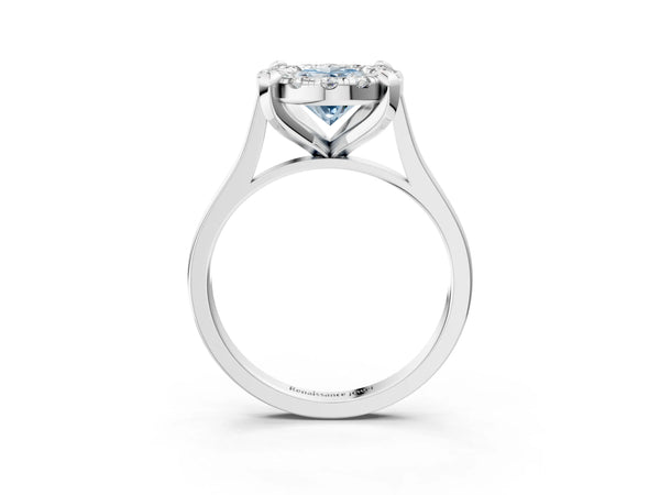 Platinum Fancy Blue Oval  Diamond Cluster Halo Solitaire with Four-Prong Setting
