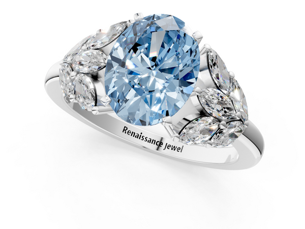 White gold Fancy Blue Oval  Diamond Cluster Leaf Design Ring with Prong Setting