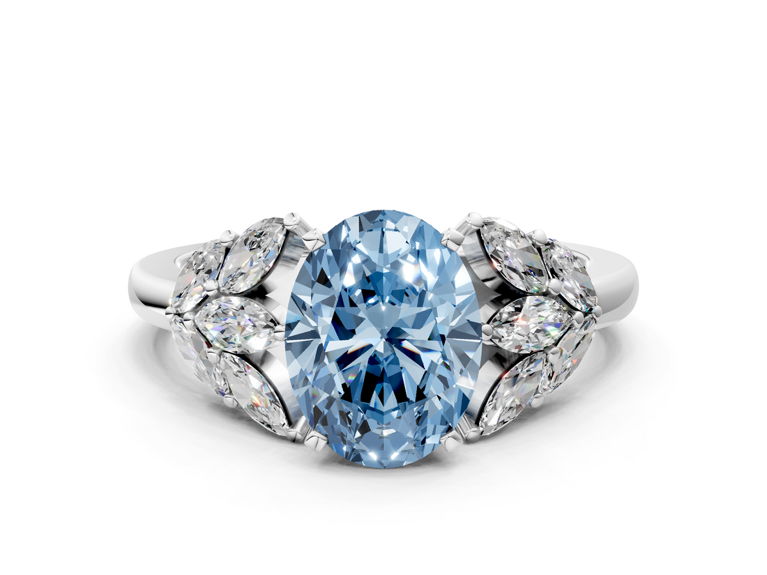 White gold Fancy Blue Oval  Diamond Cluster Leaf Design Ring with Prong Setting_53