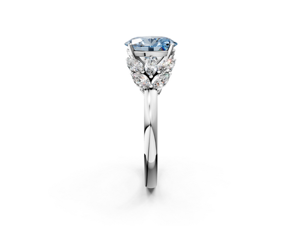 White gold Fancy Blue Oval  Diamond Cluster Leaf Design Ring with Prong Setting