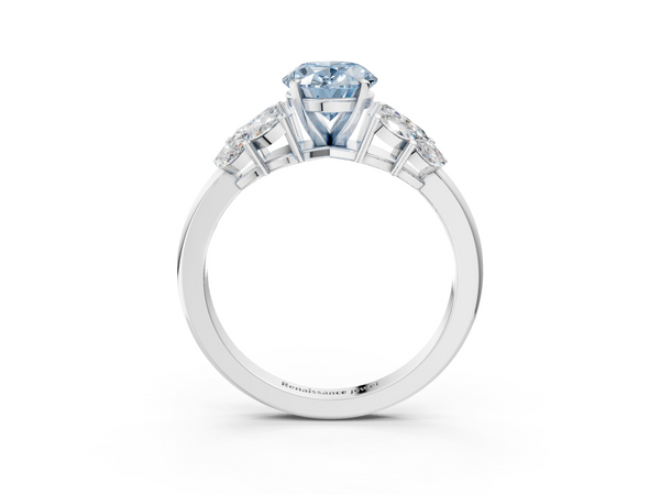 White gold Fancy Blue Oval  Diamond Cluster Leaf Design Ring with Prong Setting