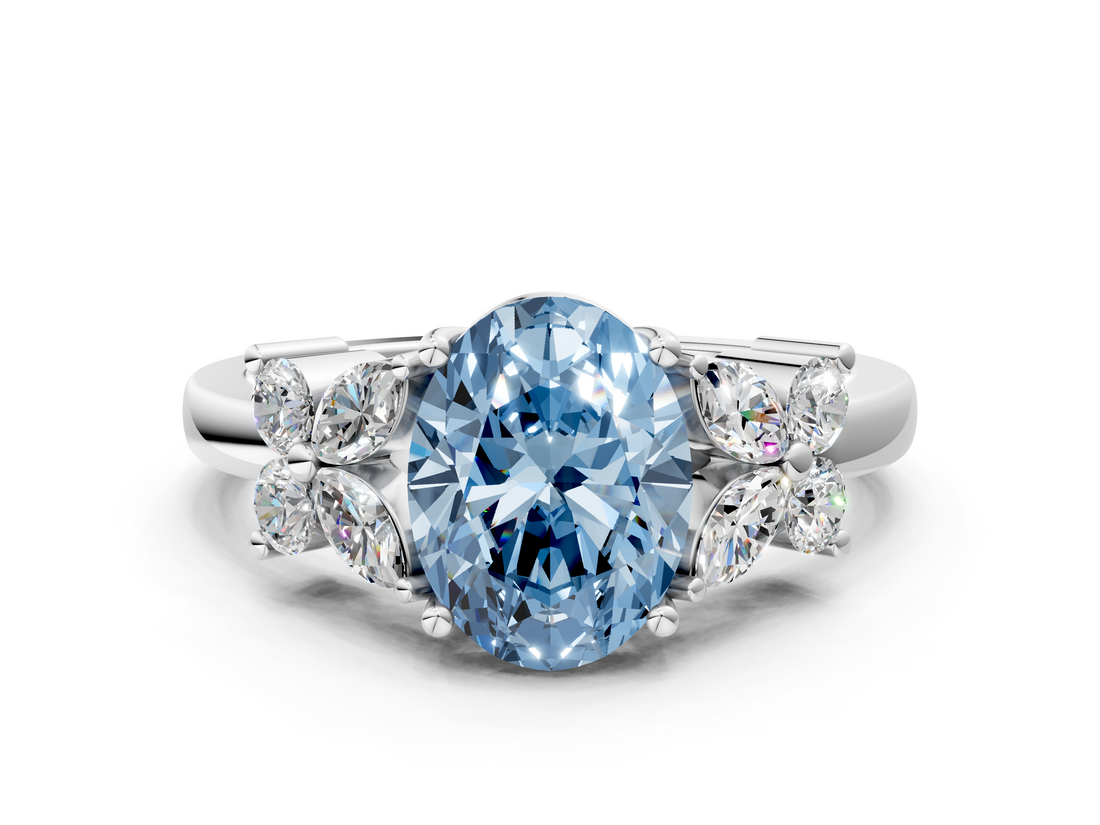 White gold Fancy Blue Oval  Diamond Floral Cluster Ring with Solitaire Band and Prong Setting_90