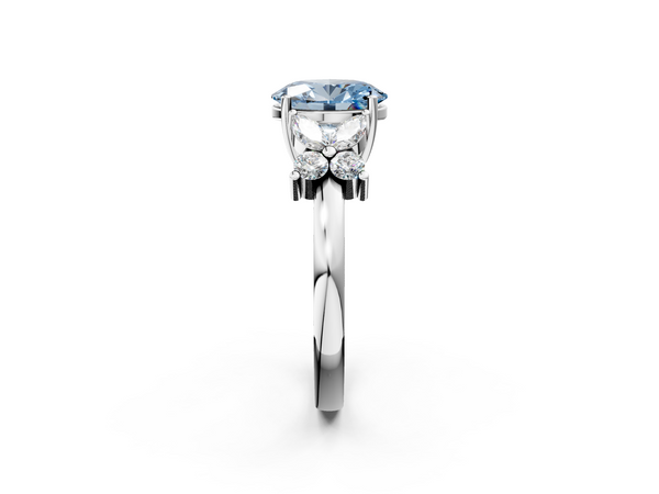 Platinum Fancy Blue Oval  Diamond Floral Cluster Ring with Solitaire Band and Prong Setting