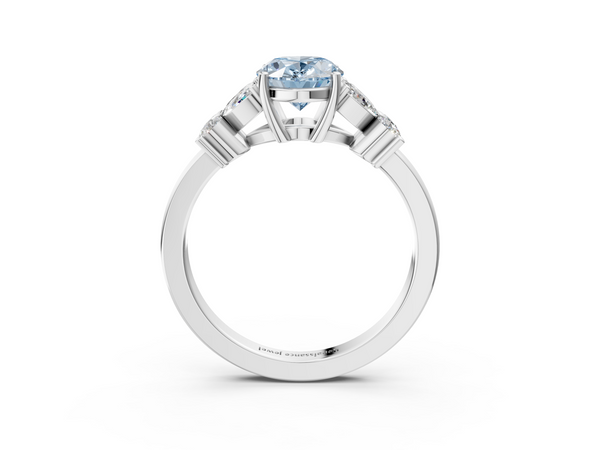 Platinum Fancy Blue Oval  Diamond Floral Cluster Ring with Solitaire Band and Prong Setting