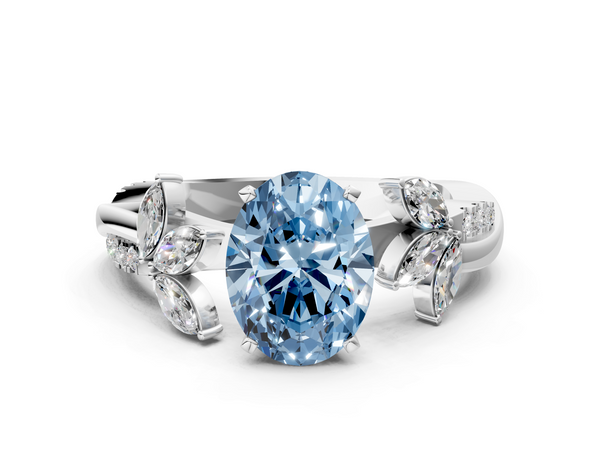 White gold Fancy Blue Oval  Diamond Floral Vine Solitaire Engagement Ring