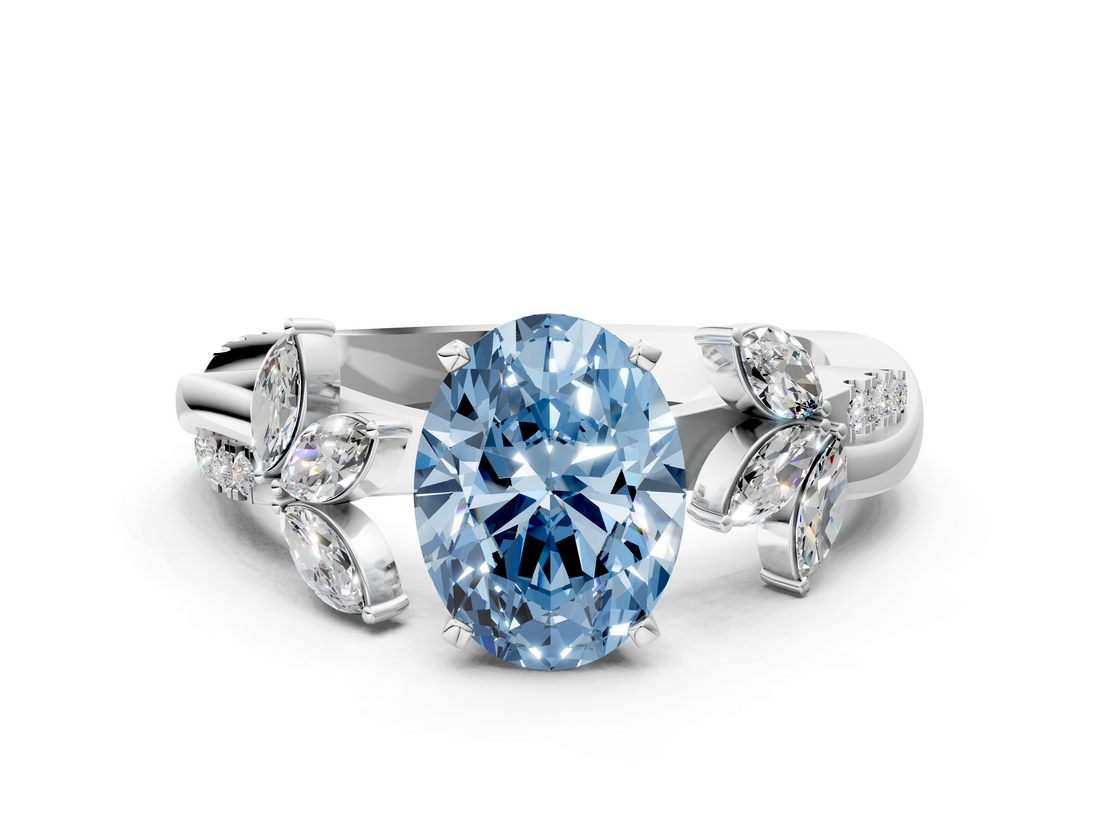 White gold Fancy Blue Oval  Diamond Floral Vine Solitaire Engagement Ring_3