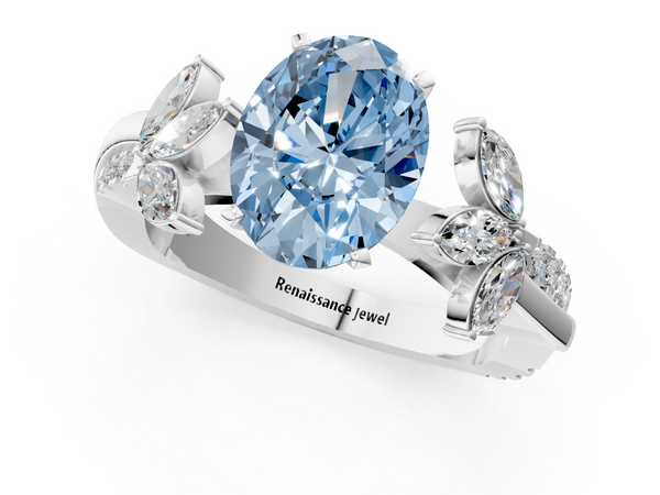 White gold Fancy Blue Oval  Diamond Floral Vine Solitaire Engagement Ring