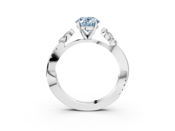 White gold Fancy Blue Oval  Diamond Floral Vine Solitaire Engagement Ring