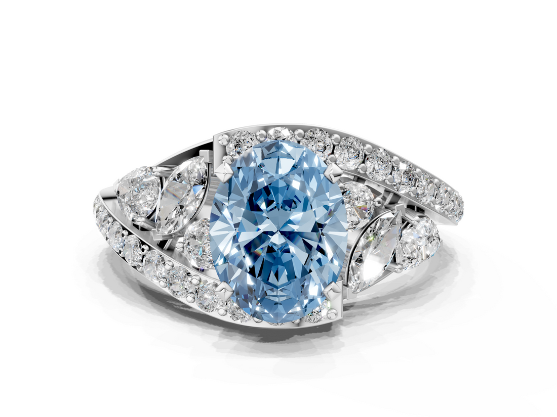 White gold Fancy Blue Oval  Diamond Halo Ring with Marquise and Pavé Band in Prong Setting_100