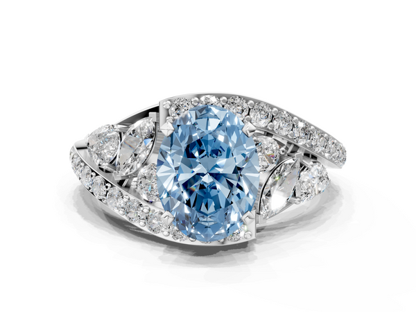 Platinum Fancy Blue Oval  Diamond Halo Ring with Marquise and Pavé Band in Prong Setting