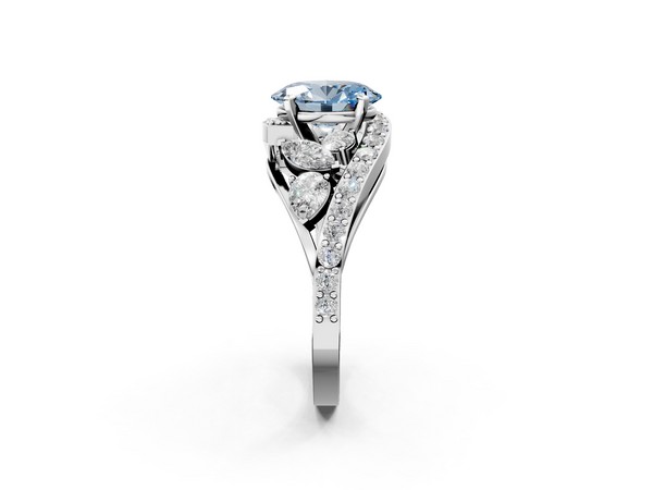 Platinum Fancy Blue Oval  Diamond Halo Ring with Marquise and Pavé Band in Prong Setting