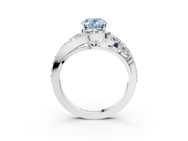 Platinum Fancy Blue Oval  Diamond Halo Ring with Marquise and Pavé Band in Prong Setting