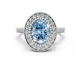 White gold Fancy Blue Oval  Diamond Halo Ring with Milgrain Frame and Pavé Band_72