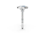 White gold Fancy Blue Oval  Diamond Halo Ring with Milgrain Frame and Pavé Band_74