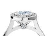 White gold Fancy Blue Oval  Diamond Halo Ring with Milgrain Frame and Pavé Band_76
