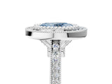 White gold Fancy Blue Oval  Diamond Halo Ring with Milgrain Frame and Pavé Band_77