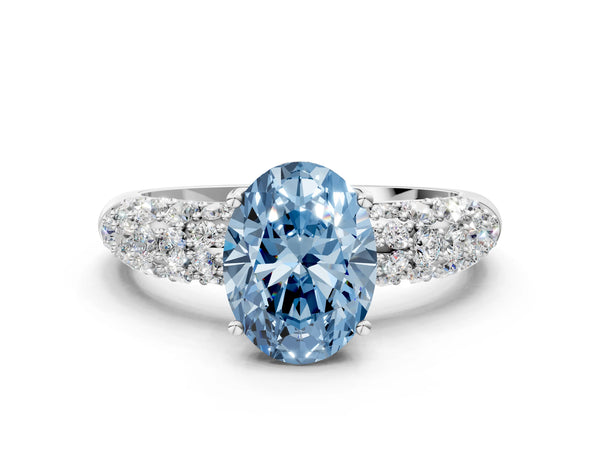 Platinum Fancy Blue Oval  Diamond Pavé Band Solitaire Ring with Four-Prong Setting