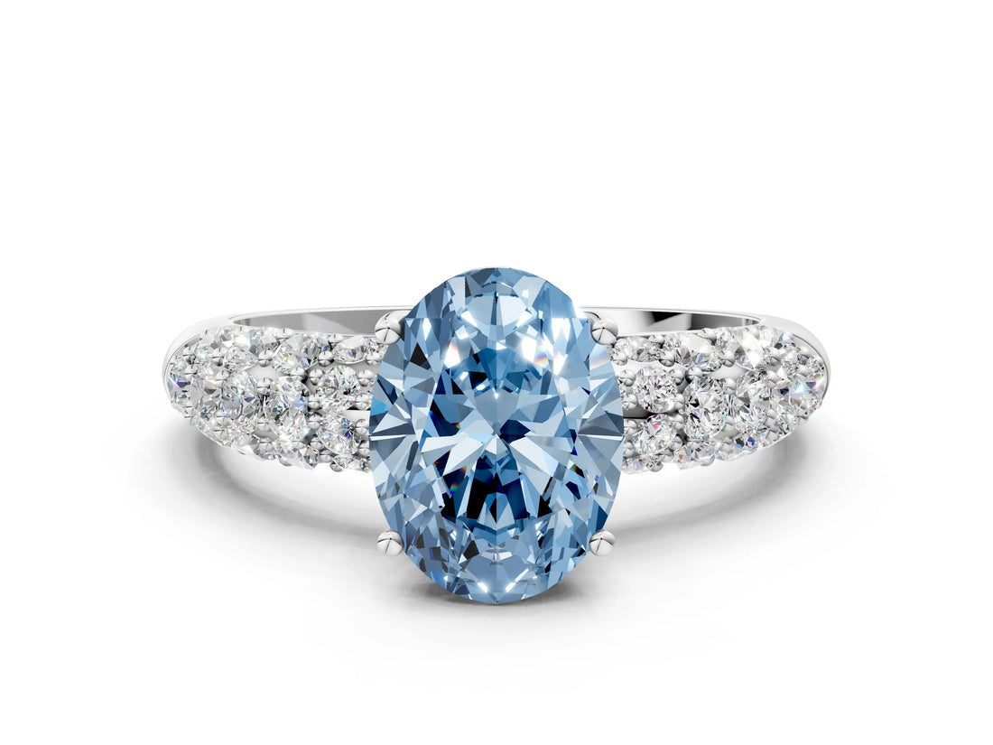White gold Fancy Blue Oval  Diamond Pavé Band Solitaire Ring with Four-Prong Setting_49