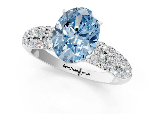 Platinum Fancy Blue Oval  Diamond Pavé Band Solitaire Ring with Four-Prong Setting