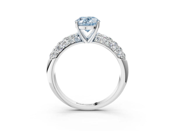 Platinum Fancy Blue Oval  Diamond Pavé Band Solitaire Ring with Four-Prong Setting