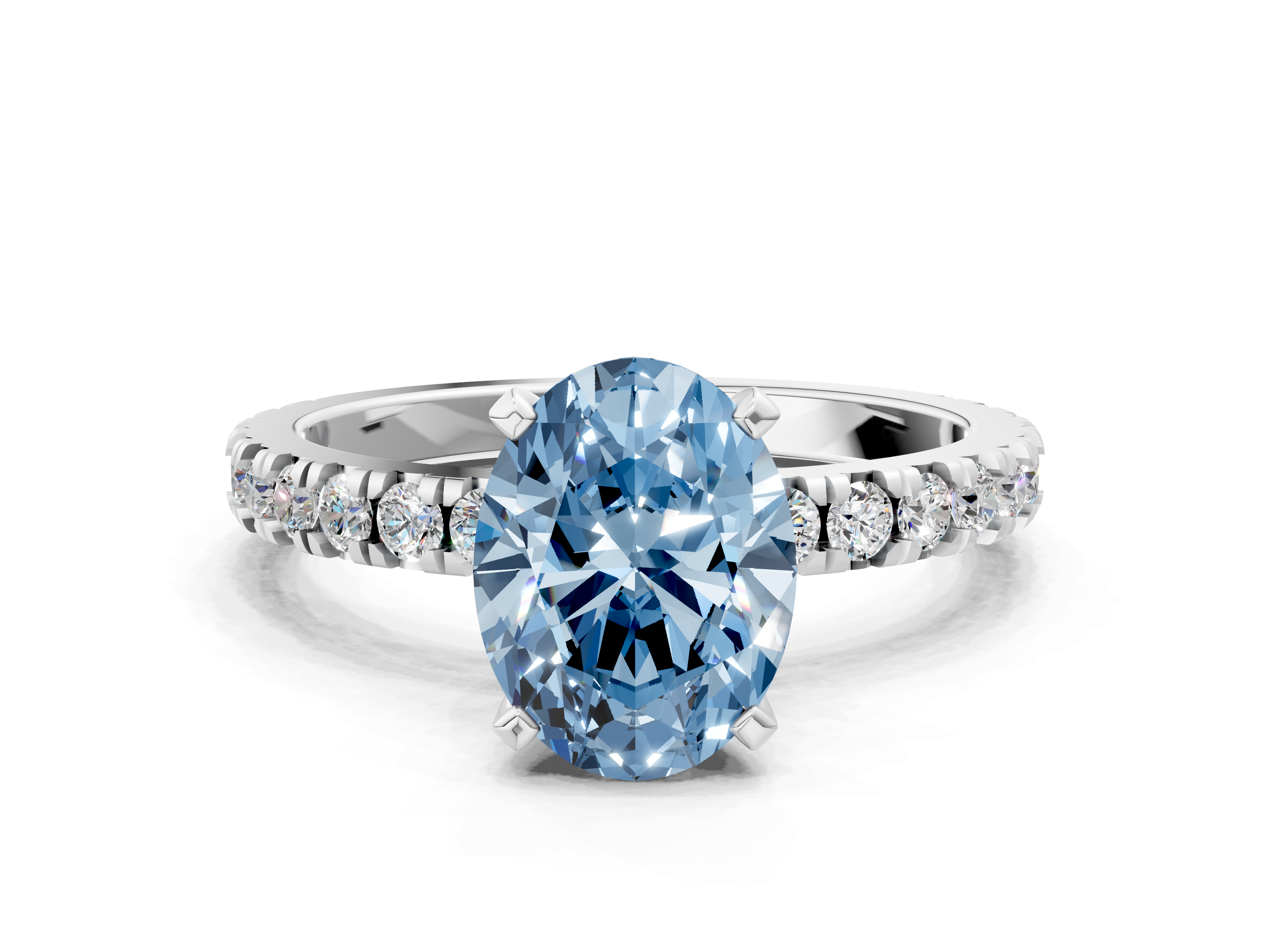 White gold Fancy Blue Oval  Diamond Pavé Band Solitaire with Four-Prong Setting_232