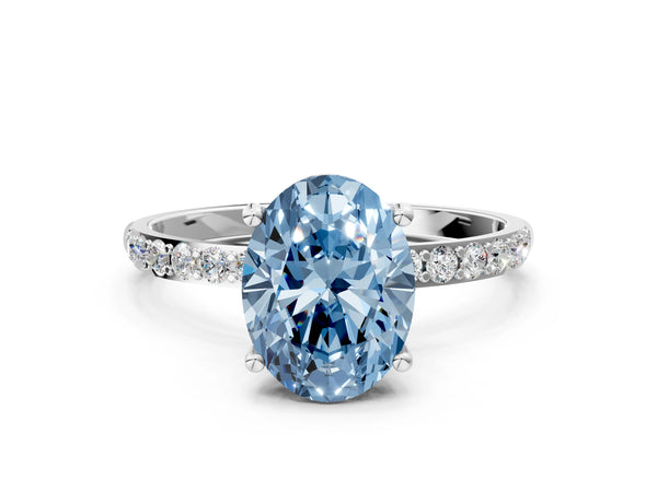 Platinum Fancy Blue Oval  Diamond Pavé Band with Six-Prong Setting