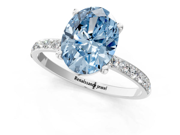 Platinum Fancy Blue Oval  Diamond Pavé Band with Six-Prong Setting