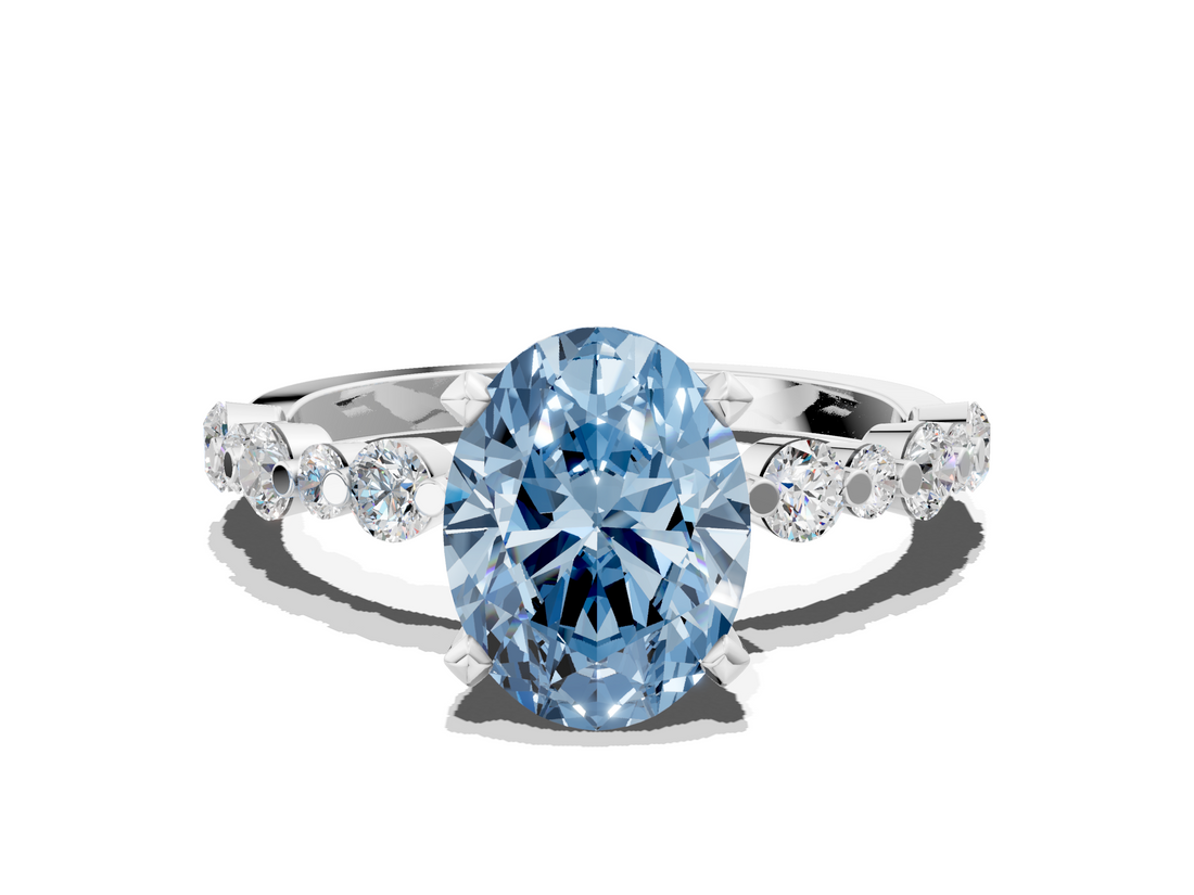 White gold Fancy Blue Oval  Diamond Prong Set Engagement Ring with Pave Band_207