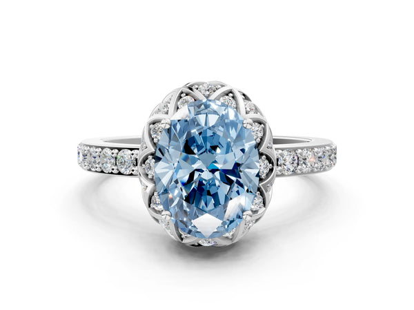 Platinum Fancy Blue Oval  Diamond Solitaire Ring with Shared Prong Pavé Band
