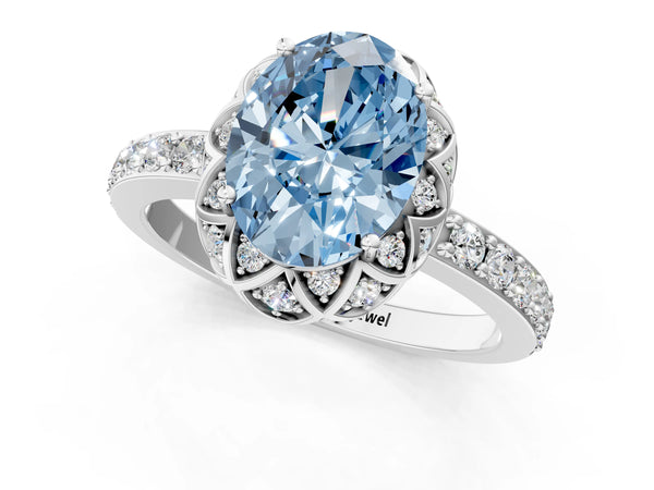 Platinum Fancy Blue Oval  Diamond Solitaire Ring with Shared Prong Pavé Band